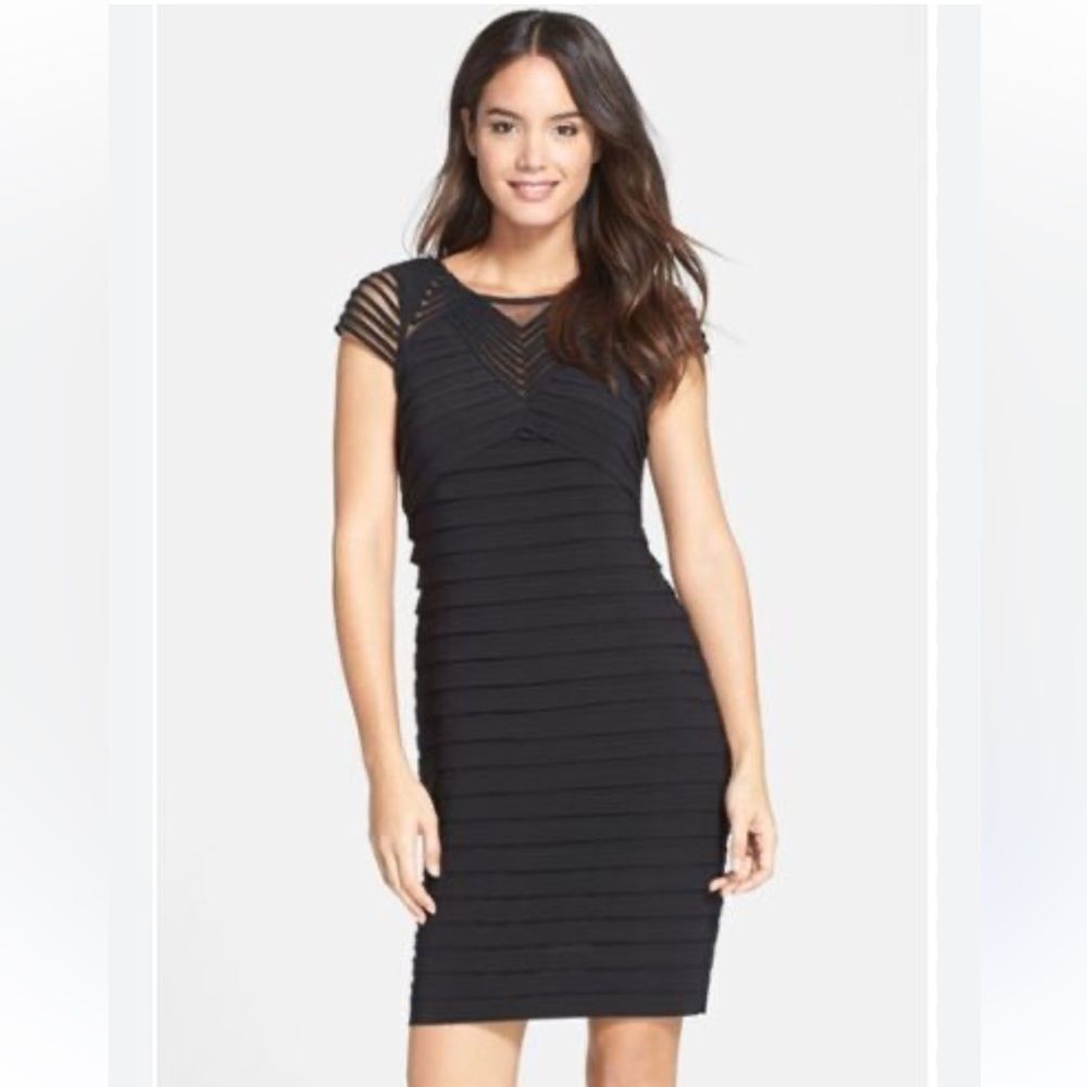 ADRIANNA PAPELL WOMEN’s CORDED YOKE PLEAT JERSEY SHEATH BLACK DRESS sz 8 EUC